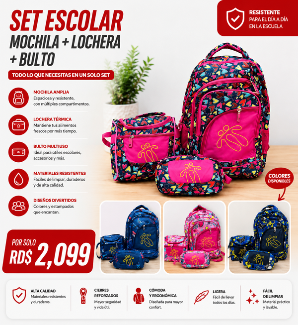 Set Escolar Mochila + Lonchera + Bulto