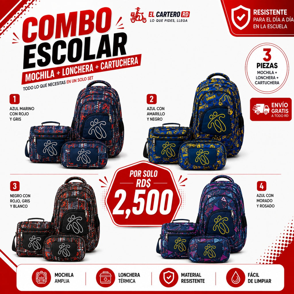 Combo Escolar mochila + lonchera + estuche