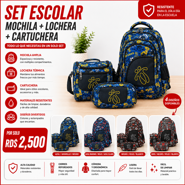 Set Escolar Mochila + Lonchera + Bulto