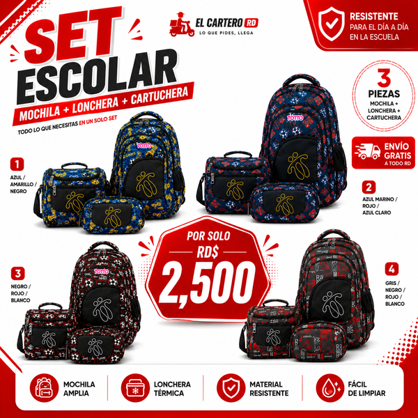 Set Escolar Mochila + Lonchera + Bulto