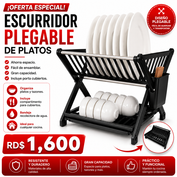 Escurridor de Platos y Tazones Plegable de 2 Niveles