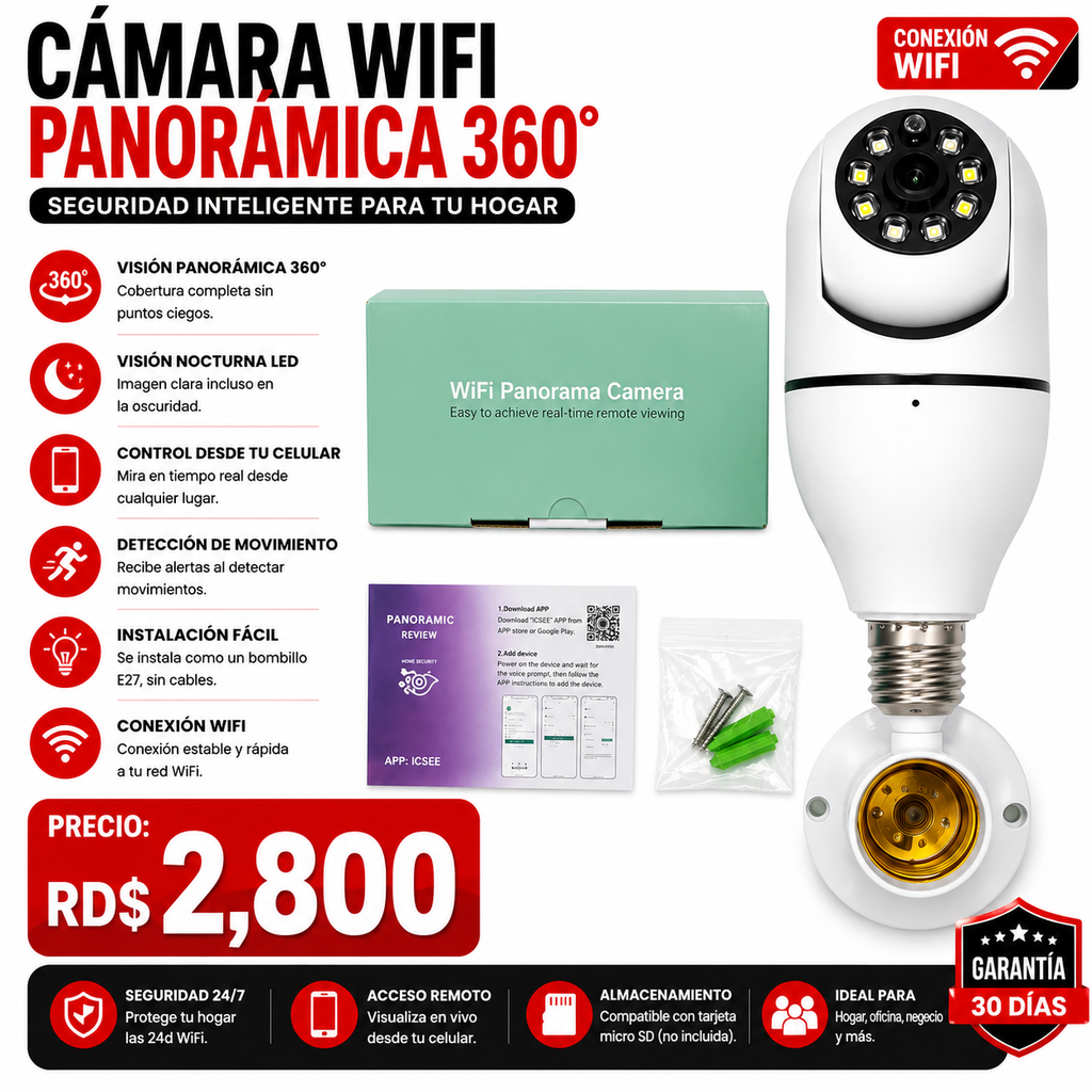 Cámara de Seguridad WiFi Tipo Bombillo E27