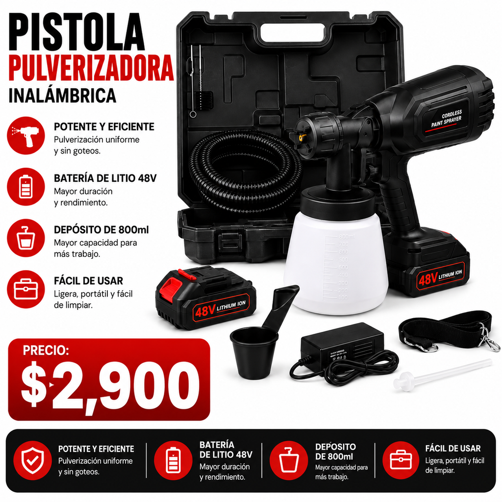 Pistola Pulverizadora de Pintura Inalámbrica 48V